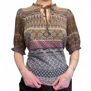 Lucky Brand brown and black patterned paisley blouse with tie neck detail